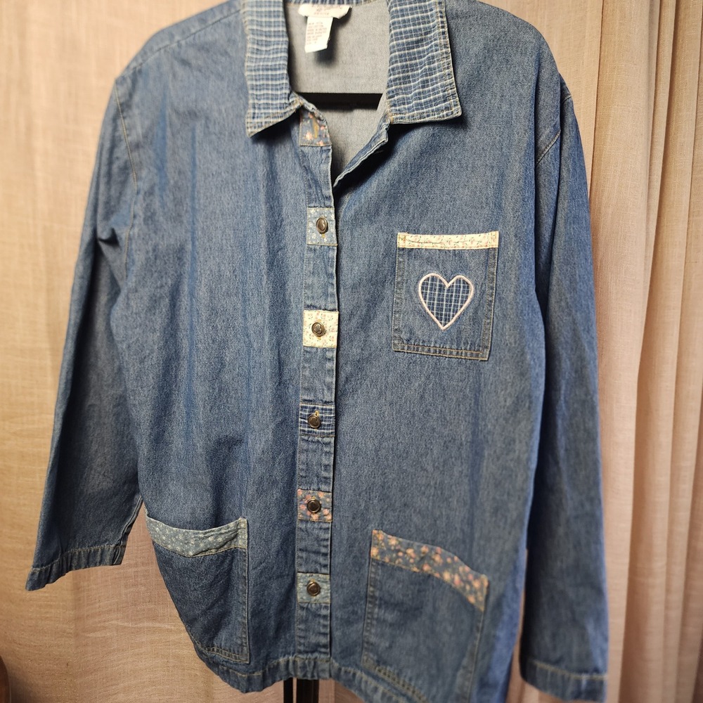 Teddi Petite Denim Patchwork Heart Jacket PL Cotton Blue Plaid Grandmacore